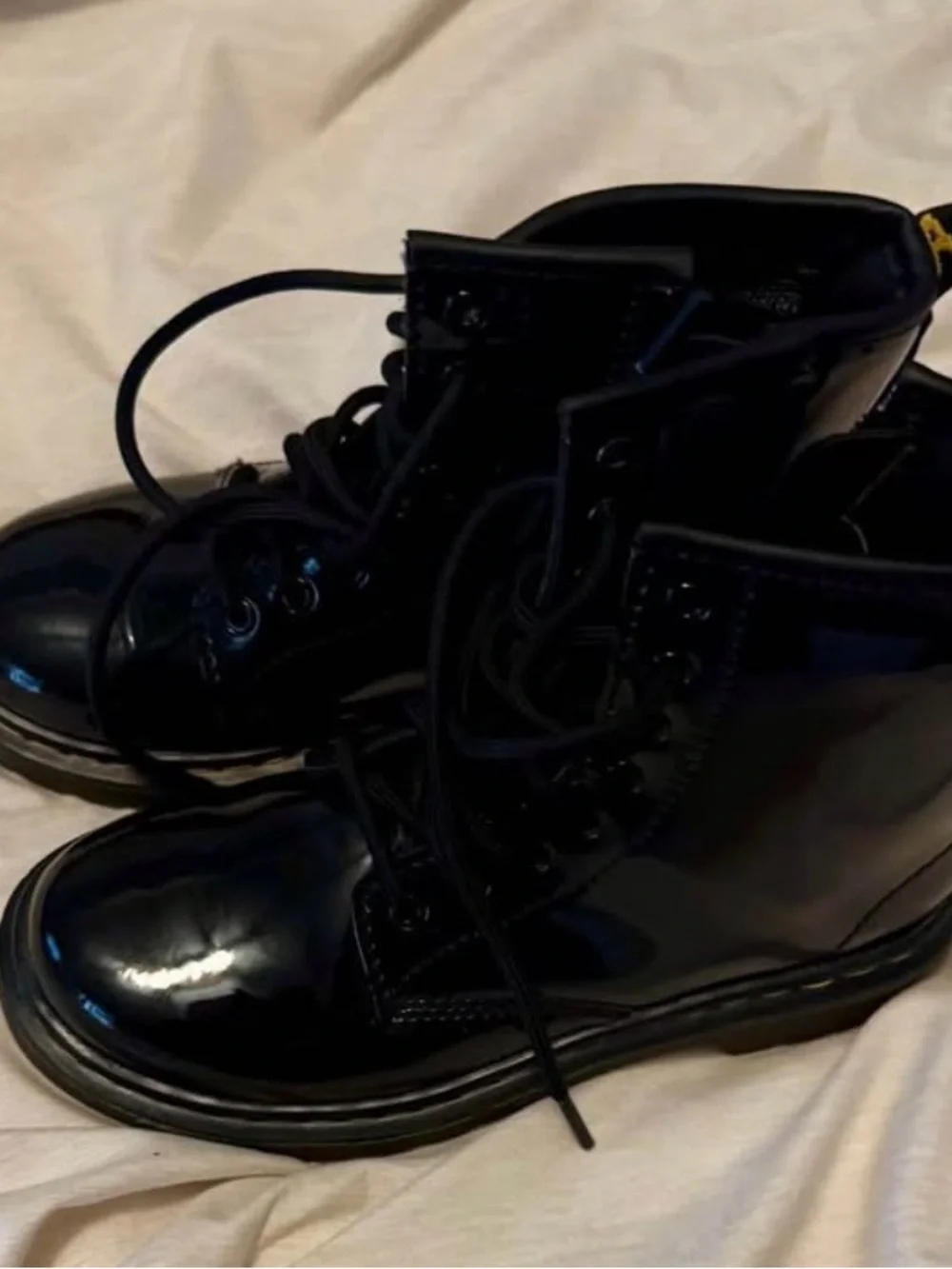 Dr. Martens Kids Black Patent Lace-Up Boots with Yellow Stitching